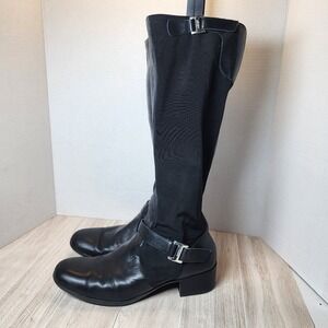 Etienne Aigner Boots Women's SIZE  6.5 Black Roping  Riding Buckles Heel
